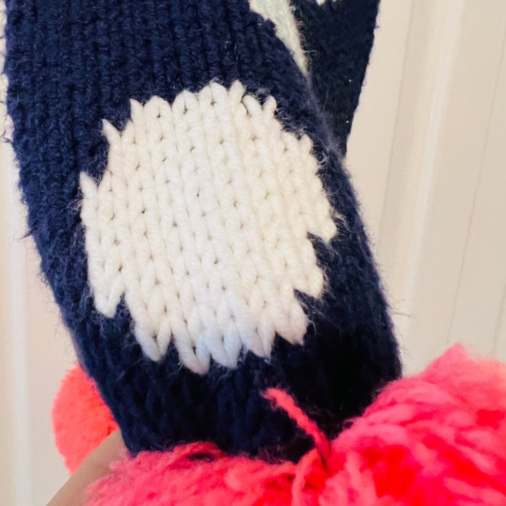 Gymboree-Cotton Blend Sequin Navy Blue/White-Peach Pom Pons Scarf-72" x 5"-Soft - Picture 12 of 14